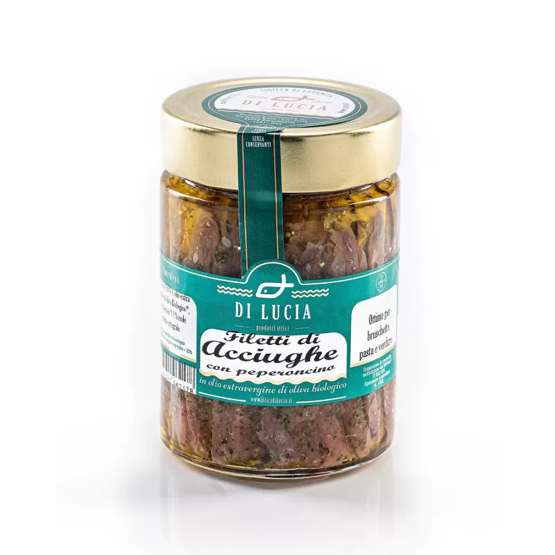 Filetti di Acciughe con peperoncino in olio evo Bio - Ittici di Lucia - Conserve di Pesce
