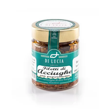 Filets d'Anchois avec piment dans l'huile d'olive bio - Ittici di Lucia - Conserves de Poisson