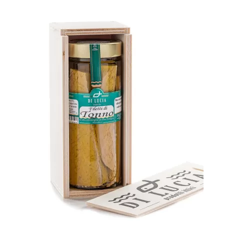 Geschenkverpackung Anfrage - Thunfisch in Bio-Olivenöl in einer Holzbox - Ittici di Lucia - Geschenkideen