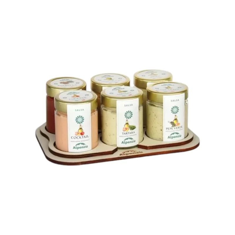 Holztablett Bourguignonne mit 6 herzhaften Saucen, 130/150 g von Alpenz...