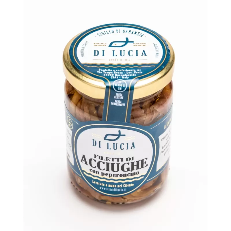 Filets d'anchois au piment dans l'huile d'olive de Ittici di Lucia - Conserves de poisson.