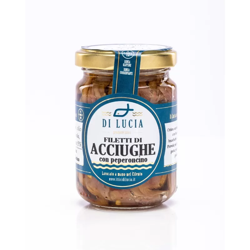 Filets d'anchois au piment dans l'huile d'olive de Ittici di Lucia - Conserves de poisson.