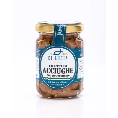 Filets d'anchois au piment dans l'huile d'olive de Ittici di Lucia - Conserves de poisson.